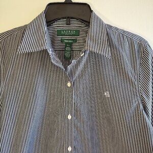 Ralph Lauren Women's Non-Iron Stripe Blouse 3/4 Sleeve Classic Preppy Size Large